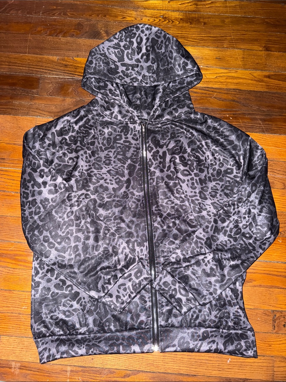 Gray and Black Leopard Print Zip-Up Hoodie
